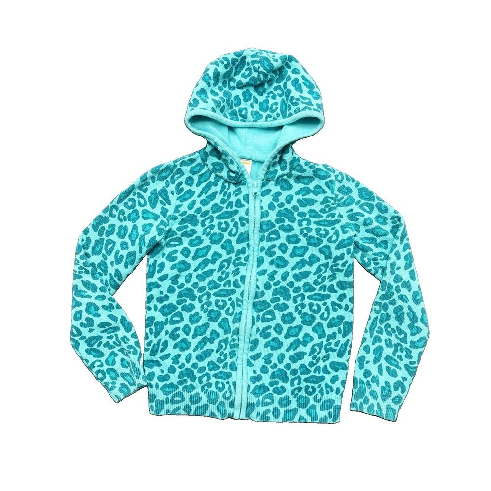 Gymboree Leopard Sweater Hoodie Teal Blue Full Zip Cotton Sweater Girls M 7/8